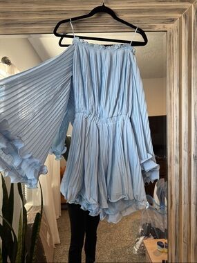 Endless Rose Light Blue Pleated Off-Shoulder Skater Dress